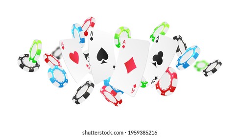 Poster with falling red, green, blue, black poker chips, tokens, playing cards on white background. Vector illustration for casino, game design, advertising.