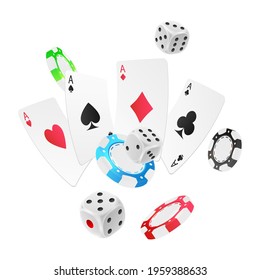 Poster with falling red, green, blue, black poker chips, tokens, silver dices, playing cards on white background. Vector illustration for casino, game design, advertising.