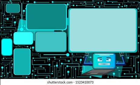 Poster for a familiar computer. Education poster for records and photos. Learning laptop. Dark background with pulses. Children's development and knowledge of new technologies.
