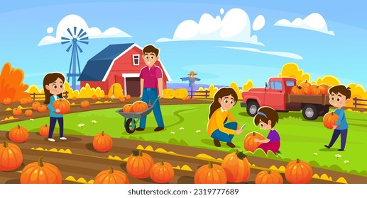 Poster family and children harvesting pumpkins pumpkin patch farm  happy boys   girls helping mom   dad pick them up from the field before the holidays  Cartoon vector illustration