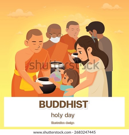 A poster of a family making merit by offering alms to a group of monks. cartoon illustration design.