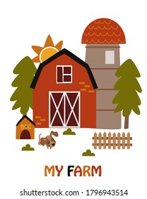 poster with farm and dog - vector illustration, eps