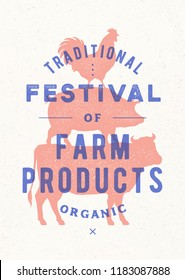 Poster for farm fest. Cow, pig, rooster stand on each other. Vintage logo, retro print for butchery, meat shop with typography, animal silhouette. Group of farm animals for logo. Vector Illustration