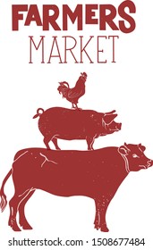 Poster for farmer's market. Cow, pig, hen stand on each other. Vintage logo, retro print for butchery, meat shop with typography, animal silhouette. Group of farm animals for logo. Vector Illustration