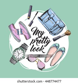 Poster with fashion accessories. Sketch style. Vector collection.