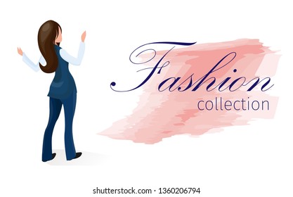 Poster Fashion Collection for Office Workers. Lettering Pink Watercolor Smear. Presentation Young Woman Stands and Demonstrates Office Clothes. Womens Clothing for Slender Successful Lady.