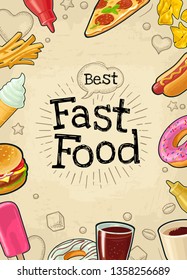 Poster fast food. Cola, coffee, hamburger, hotdog, fry potato, ketchup, pizza, ice cream, donut. Vector color flat illustration isolated on beige chalkboard with vintage engraving lettering, bubble