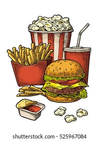 Poster with fast food. Cup cola, hamburger, hotdog, fry potato in red paper box, carton bucket popcorn, ketchup. Isolated on white background. Vector vintage engraving illustration for menu.