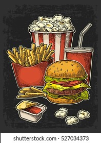 Poster with fast food. Cup cola, hamburger, hotdog, fry potato in red paper box, carton bucket popcorn, ketchup. Isolated on dark background. Vector vintage engraving illustration for menu.