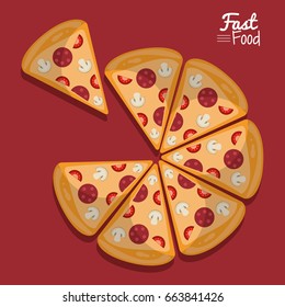 poster fast food in purple background with pizza in portions