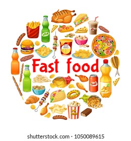 Poster fast food. Salted nuts, squid  rings, pop corn, cornflakes, corn  sticks, dried  fish, instant noodle, carbonated  drinks, chocolate bars, french fries. Isolated vector illustration.