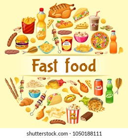 Poster fast food. Salted nuts, squid  rings, pop corn, cornflakes, corn  sticks, dried  fish, instant noodle, carbonated  drinks, chocolate bars, french fries. Isolated vector illustration.