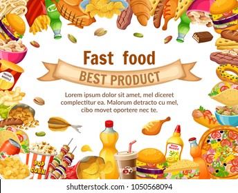 Poster fast food. Salted nuts, squid  rings, pop corn, cornflakes, corn  sticks, dried  fish, instant noodle, carbonated  drinks, chocolate bars, french fries. Isolated vector illustration.