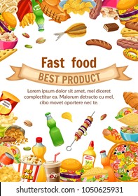 Poster fast food. Salted nuts, squid  rings, pop corn, cornflakes, corn  sticks, dried  fish, instant noodle, carbonated  drinks, chocolate bars, french fries. Isolated vector illustration.