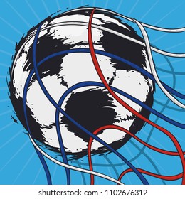 Poster with a fast soccer ball scoring in the goal net with the Russian flag colors during international football championship in Russia.