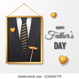 Poster for Father's Day in the form of a framed suit hanging on the wall, with hearts and mustaches.