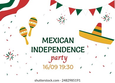 The poster features a sombrero and maracas, representing a Mexican independence party. It includes elements such as textiles, fonts, patterns, and graphics