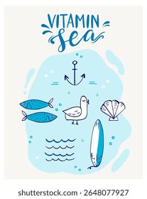 Poster featuring marine life and beach elements in cute simple style