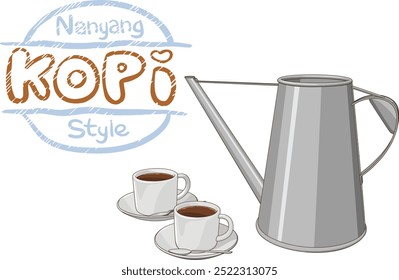 Um cartaz com kopi (café) estilo Nanyang e um jarro kopitiam (cafeteria) tradicional feito de aço inoxidável, usado para servir café quente, rico e cremoso.