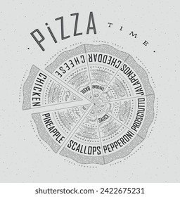 Poster featuring slices of various pizzas, chicken, seafood, pepperoni, cheese, margherita with recipes and names showcased in pizza time lettering, drawn on a grey background.