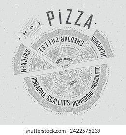 Poster featuring slices of various pizzas, chicken, seafood, pepperoni, cheese, margherita with recipes and names showcased in hot pizza lettering, drawn on a grey background.