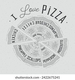 Poster featuring slices of various pizzas, chicken, seafood, pepperoni, cheese, margherita with recipes and names showcased in I love pizza lettering, drawn on a grey background.