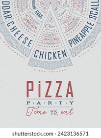 Poster featuring slices of various pizzas, chicken, seafood, pepperoni, cheese, margherita with recipes and names showcased in pizza party time to eat lettering, drawn with blue and red on a grey BG.