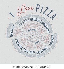 Poster featuring slices of various pizzas, chicken, seafood, pepperoni, cheese, margherita with recipes and names showcased in I love pizza lettering, drawn with blue and red on a grey background.