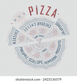 Poster featuring slices of various pizzas, chicken, seafood, pepperoni, cheese, margherita with recipes and names showcased in hot pizza lettering, drawn with blue and red on a grey background.