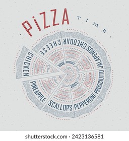 Poster featuring slices of various pizzas, chicken, seafood, pepperoni, cheese, margherita with recipes and names showcased in pizza time lettering, drawn with blue and red on a grey background.