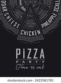 Poster featuring slices of various pizzas, chicken, seafood, pepperoni, cheese, margherita with recipes and names showcased in pizza party time to eat lettering, drawn on a black background.