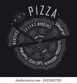 Poster featuring slices of various pizzas, chicken, seafood, pepperoni, cheese, margherita with recipes and names showcased in hot pizza lettering, drawn on a black background.