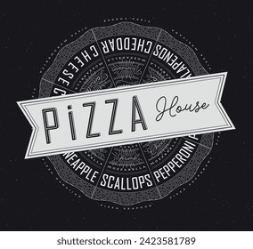 Poster featuring slices of various pizzas, chicken, seafood, pepperoni, cheese, margherita with recipes and names showcased in pizza house lettering, drawn on a black background.