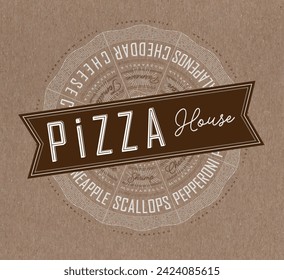 Poster featuring slices of various pizzas, chicken, seafood, pepperoni, cheese, margherita with recipes and names showcased in pizza house lettering, drawn on a brown background.