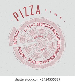 Poster featuring slices of various pizzas, chicken, seafood, pepperoni, cheese, margarita with recipes and names showcased in pizza time lettering, drawn with red on a grey background.