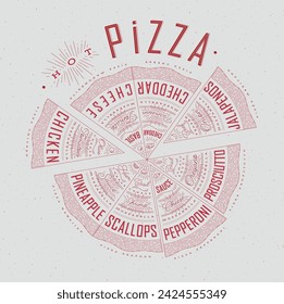 Poster featuring slices of various pizzas, chicken, seafood, pepperoni, cheese, margherita with recipes and names showcased in hot pizza lettering, drawn with red on a grey background.