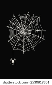 Cartaz com uma aranha pendurada na teia. O design escuro cria uma atmosfera estranha, inquietante, perfeito para o Halloween ou temas assustadores.