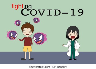 Poster of female doctor tells male patient attack by virus. The covid-19 is the name of corona virus outbreak in wuhan china  