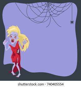Poster with female monster and scary big spider on his net. Vector illustration on purple background for Halloween congratulation frame for text