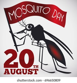 Poster with female mosquito holding a flag with greeting message to celebrate World Mosquito Day in August 20.