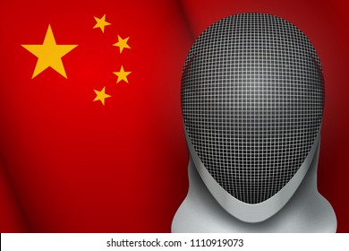 Poster of Fencing Mask Helmet on China Flag Backgound. Fight Fencing Games. Sport equipment and gear. Vector Illustration