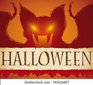 Poster with ferocious bat silhouette in hand drawn style screaming, ragged scroll and blood promoting a spooky Halloween.