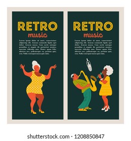 Poster of the festival of jazz music. Musician saxophonist and jazz singer. Woman dancing. Set of characters in the style of 70-80 years. Vector illustration.