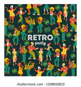 Poster of the festival of jazz music. Retro party. People dance rock and roll. Musicians play saxophone and trumpet. Jazz singer. A large set of characters in the style of 70-80 years. 