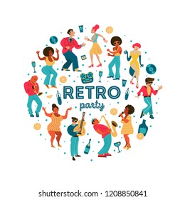 Poster of the festival of jazz music. Retro party. People dance rock and roll. Musicians play saxophone and trumpet. Jazz singer. A large set of characters in the style of 70-80 years. 