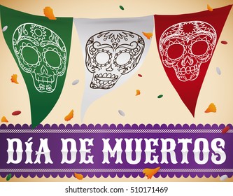 Poster with festive buntings like Mexican flag with skull design and some confetti and petals scattered around to celebrate "Dia de Muertos" (translate from Spanish: "Day of the Dead").