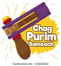 Poster with festive colorful gragger for a noisy and happy Purim holiday (or Chag Purim Sameach, in Hebrew).