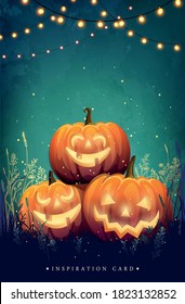 Poster with festive decorative lights and glowing pumpkins with scary faces. Autumn unusual illustration for party, halloween or festival