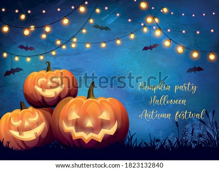 Poster with festive decorative lights and glowing pumpkins with scary faces. Autumn unusual illustration for party, halloween or festival
