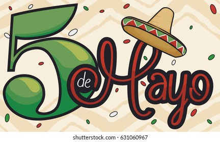 Poster with festive design for Mexican celebration of Cinco de Mayo (written in Spanish) with number five, confetti shower and traditional straw hat.